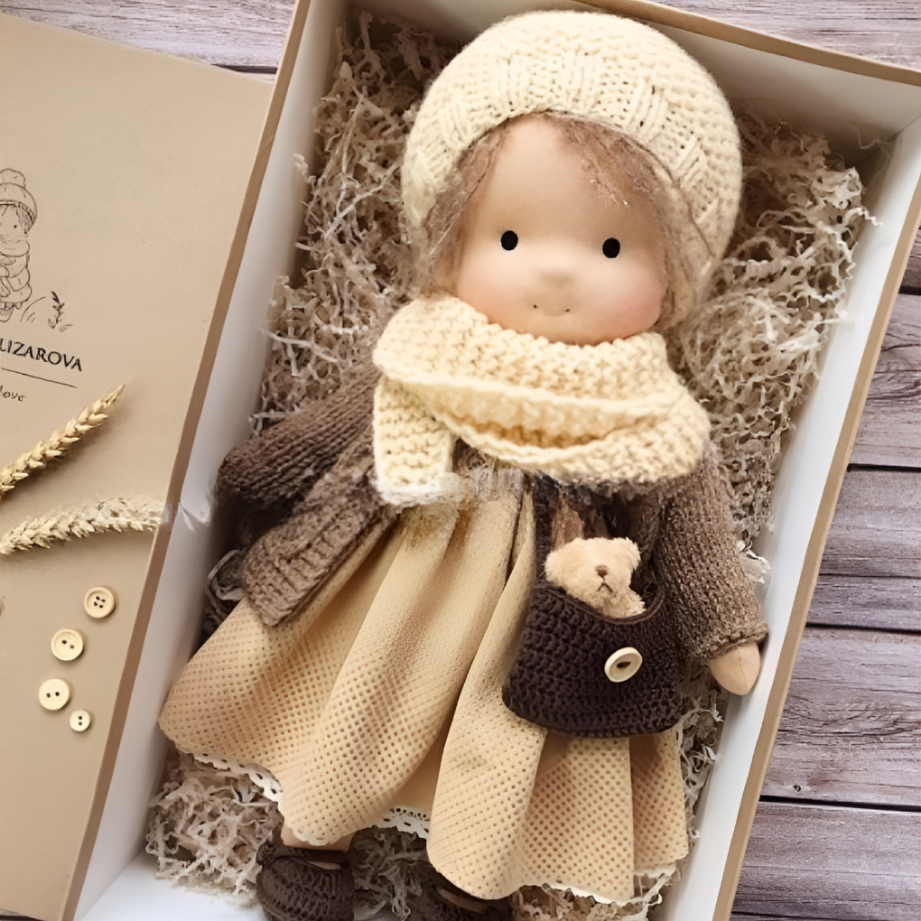 Soft cotton Waldorf doll, handmade, natural, a cuddly kids' toy for imaginative play.