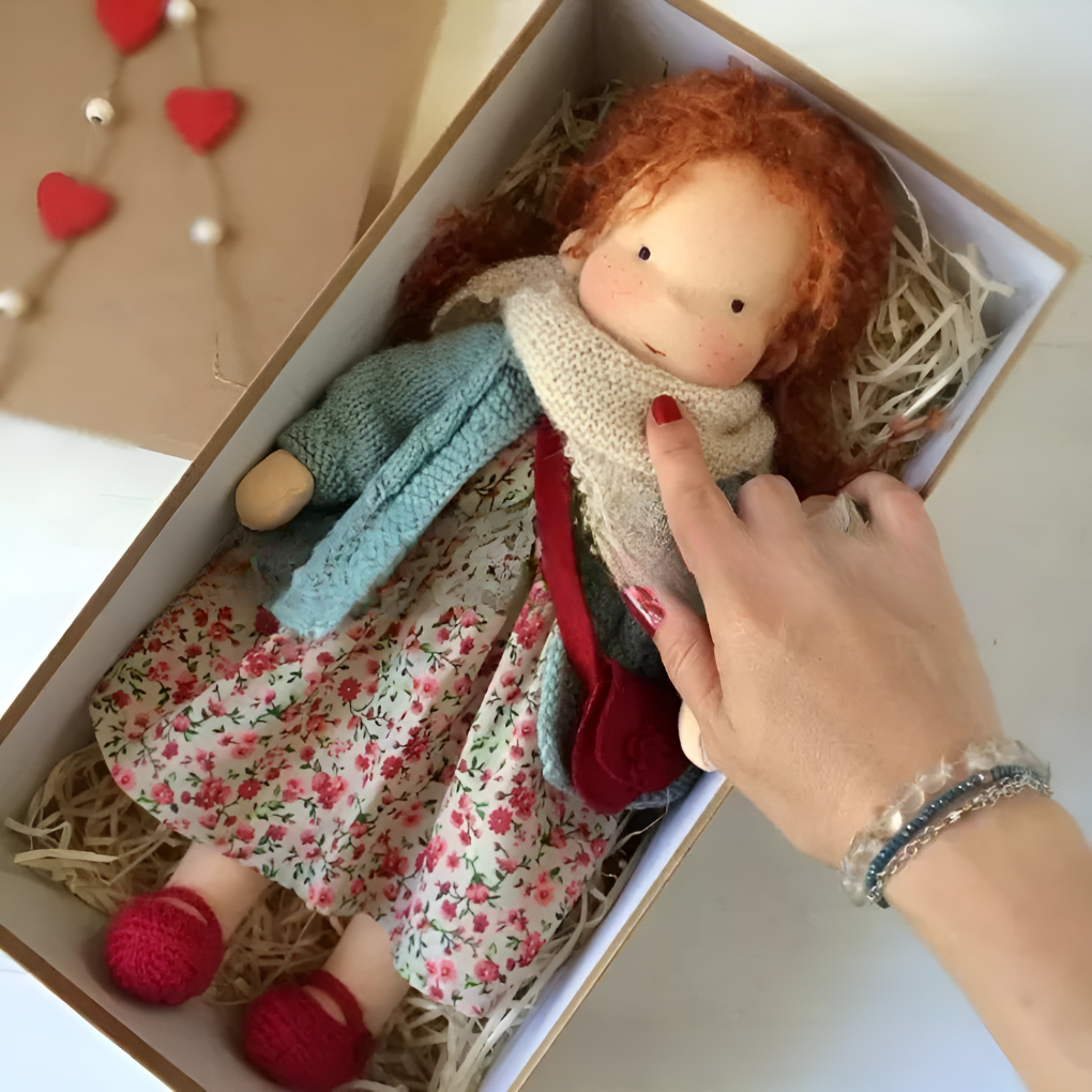Waldorf doll for toddlers, handmade, natural materials, soft and cuddly for imaginative play.
