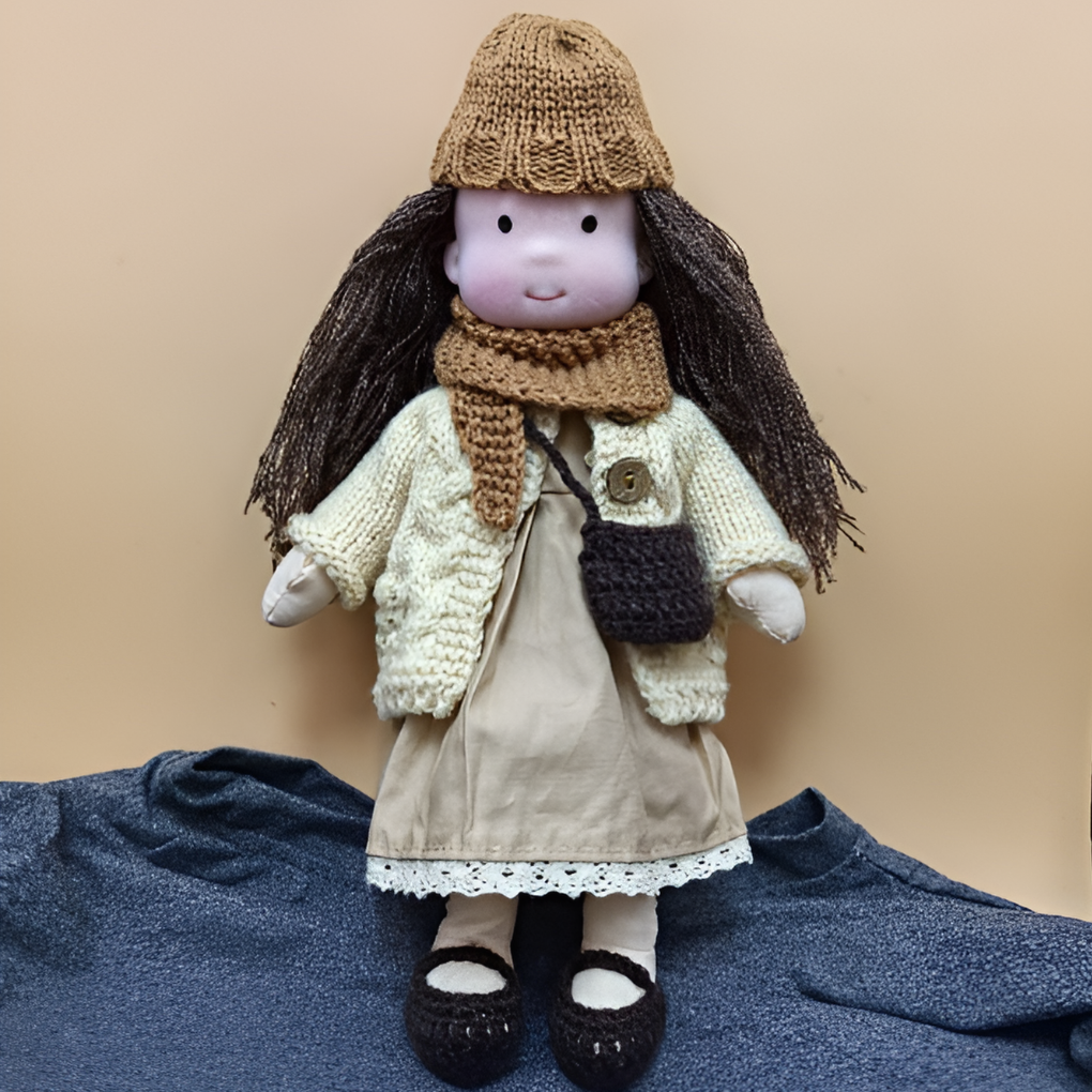 Cuddly handmade Waldorf doll, natural wool, soft toy for kids' imaginative adventures.