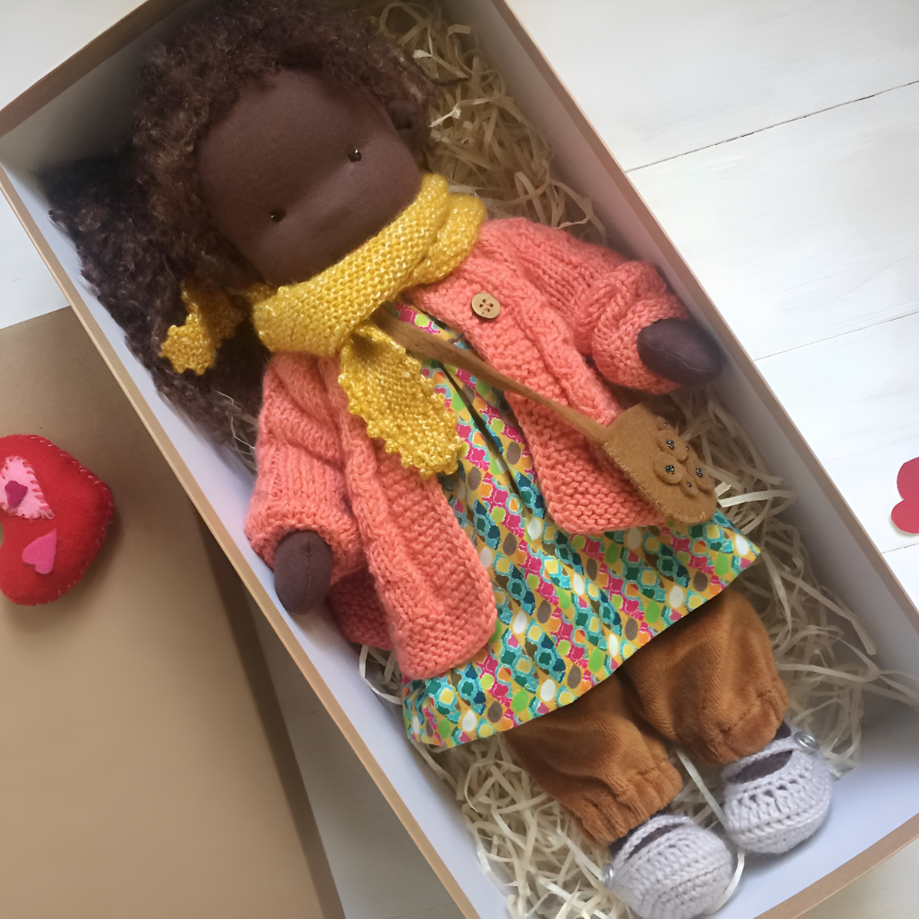 Imaginative play Waldorf doll, handmade, natural cotton and wool, a soft cuddly toy for kids.