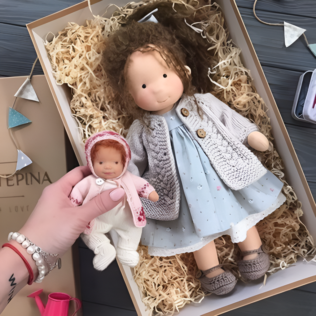 Cotton Waldorf doll, handmade, natural and soft, a cuddly kids' toy for imaginative play.
