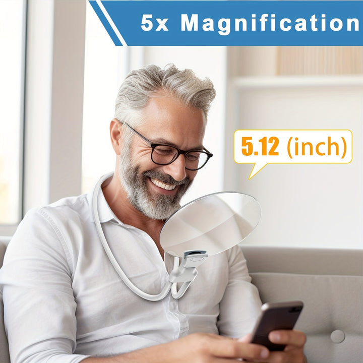 Neck-worn 5X magnifier for hands-free reading, sewing & detailed hobbies. Elderly support & visual aid.