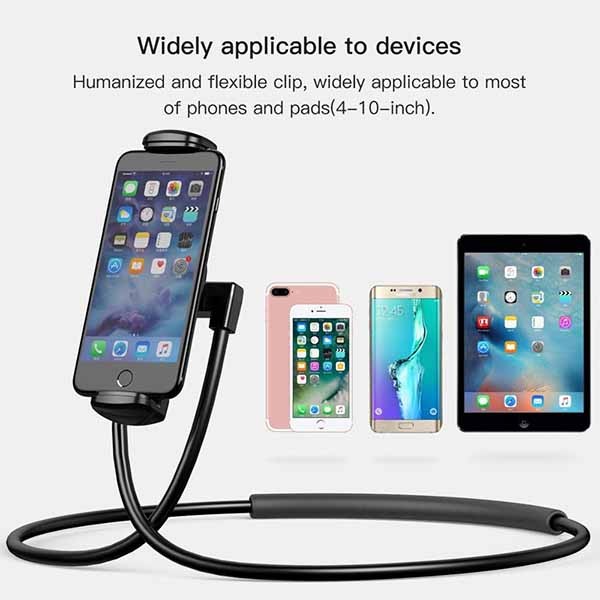 Adjustable universal neck mount phone holder, providing hands-free viewing for any mobile device.