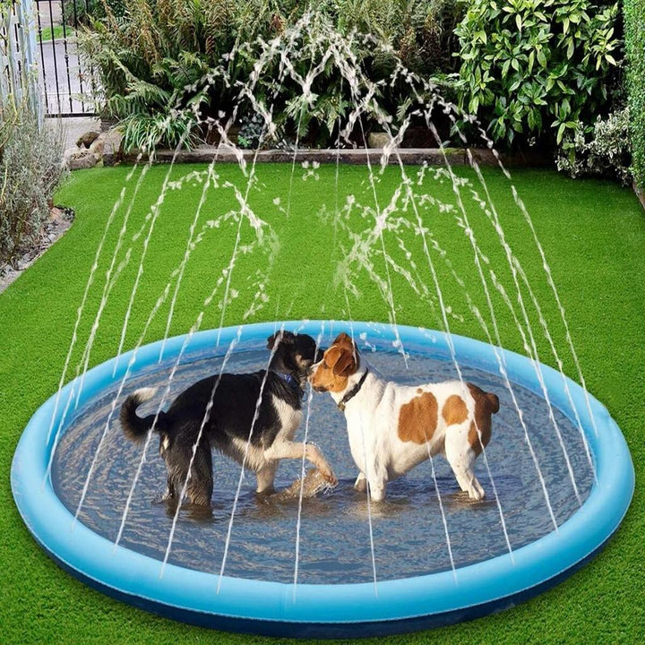 Happy dog playing with a durable outdoor summer pet fountain pool toy, interactive water fun.