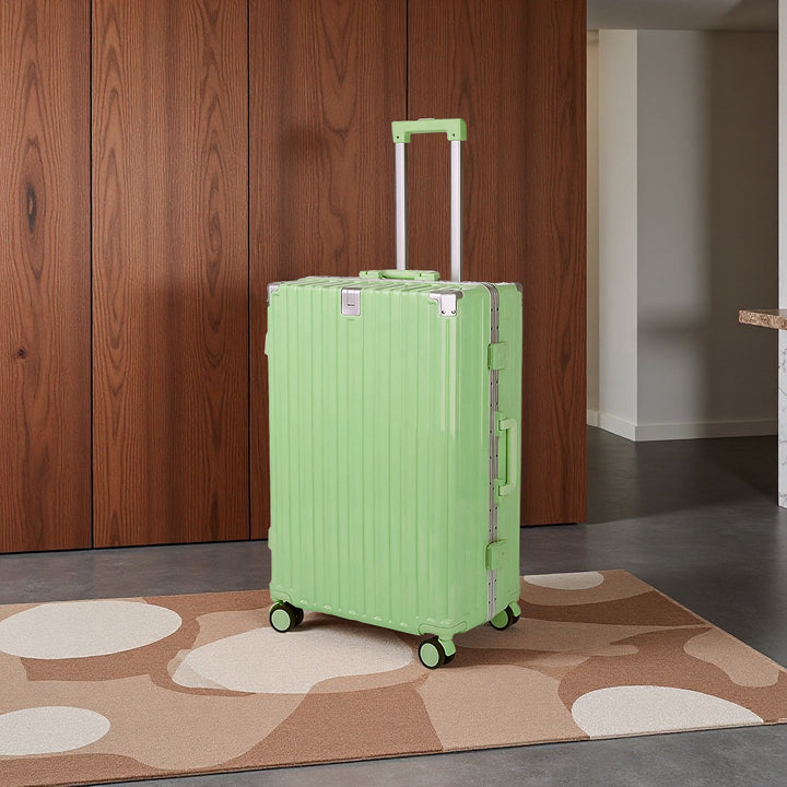 Modern checked luggage, hard shell design ensures durability for long vacation journeys.