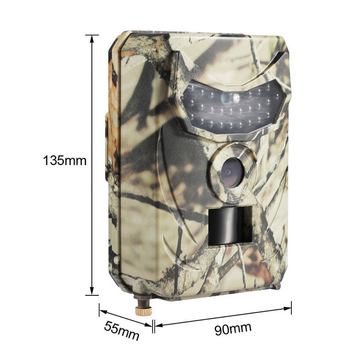 Camouflage hunting gear: HD trail camera with motion detection & night vision for stealthy wildlife capture.