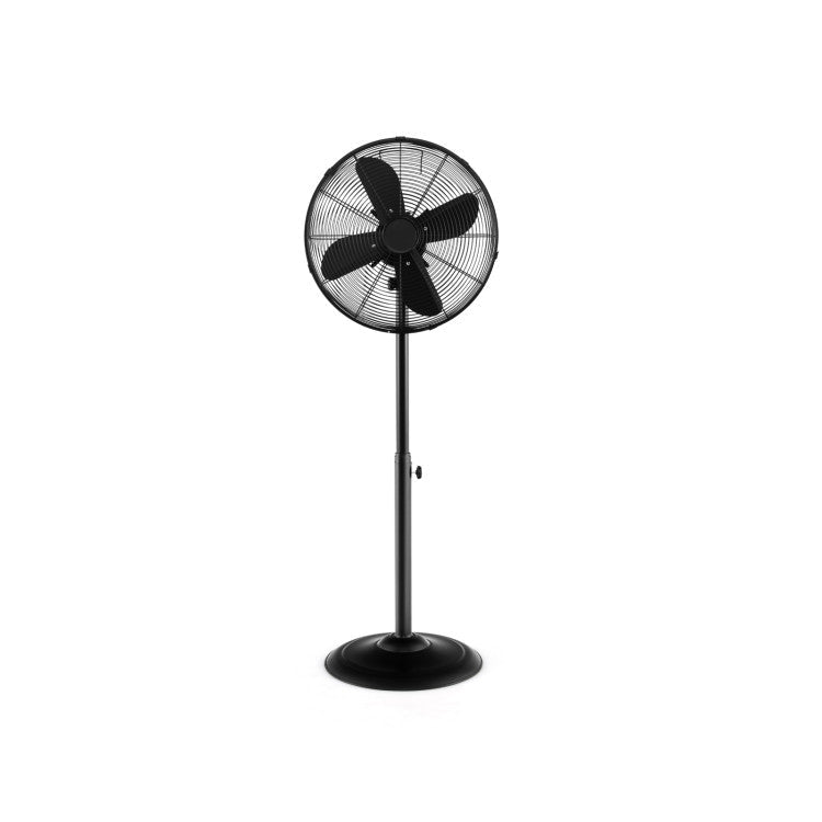 Heavy-duty 16-inch oscillating pedestal fan with powerful cooling, metal design, and adjustable height for home or office.