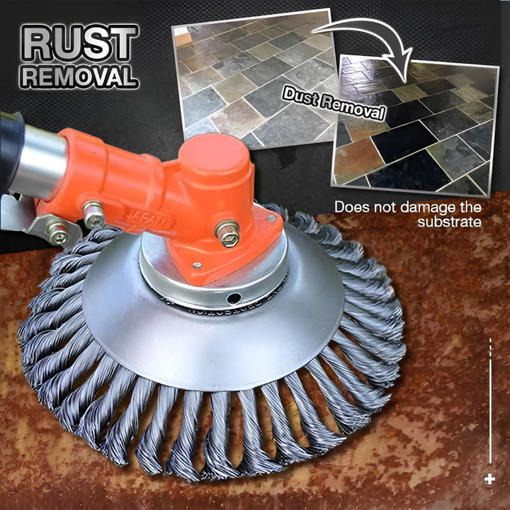 Heavy-duty carbon steel weed trimmer brush head for efficient weed removal in gardens & landscaping.