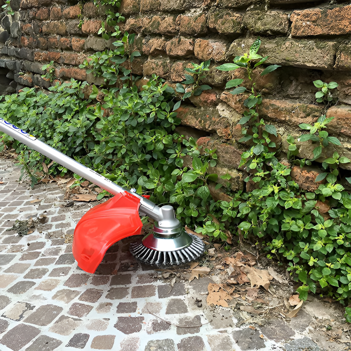 Universal fit carbon steel brush cutter head, ideal for tough lawn care and landscaping weed removal.