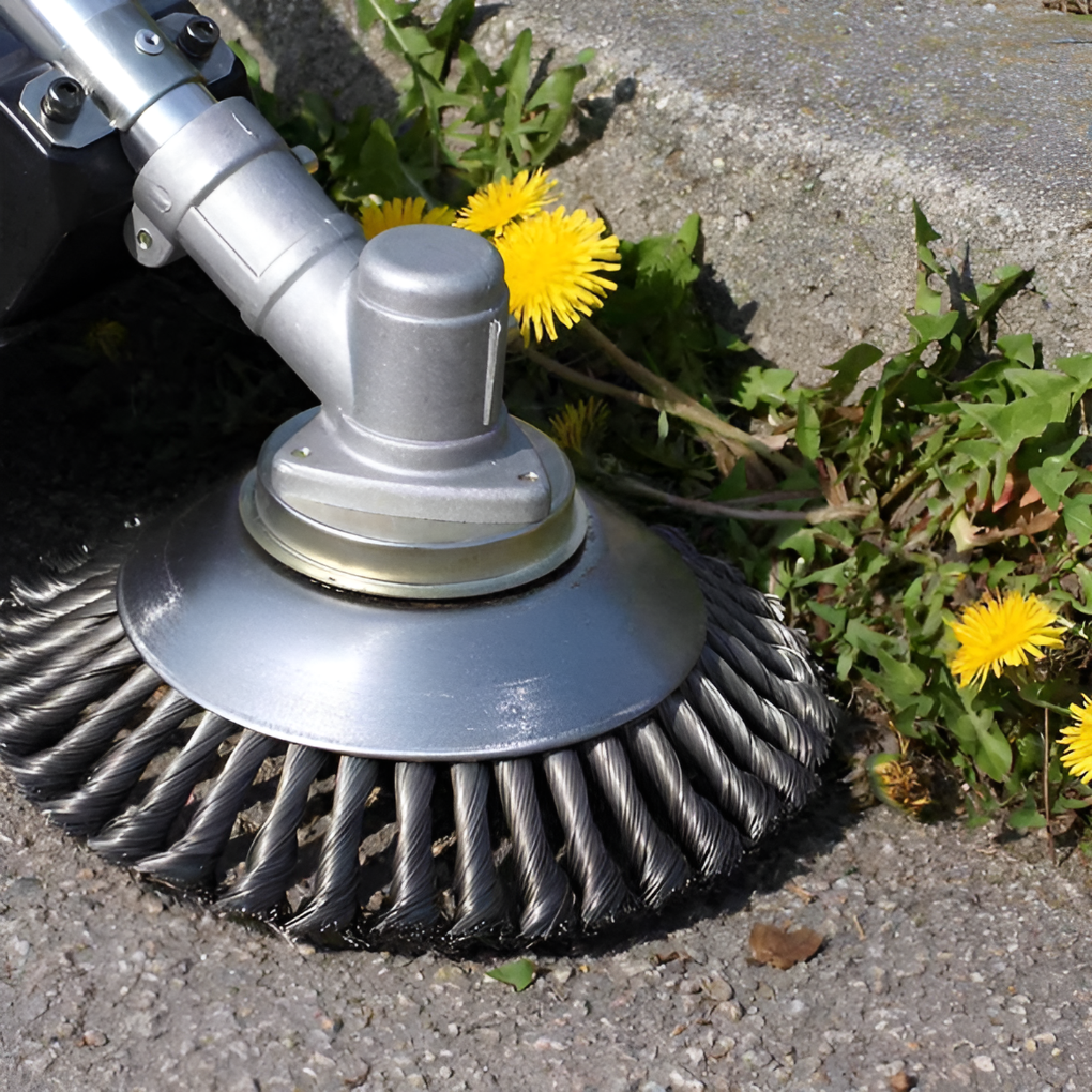 Durable carbon steel weed brush attachment, an essential garden tool for effective weed trimming & lawn maintenance.