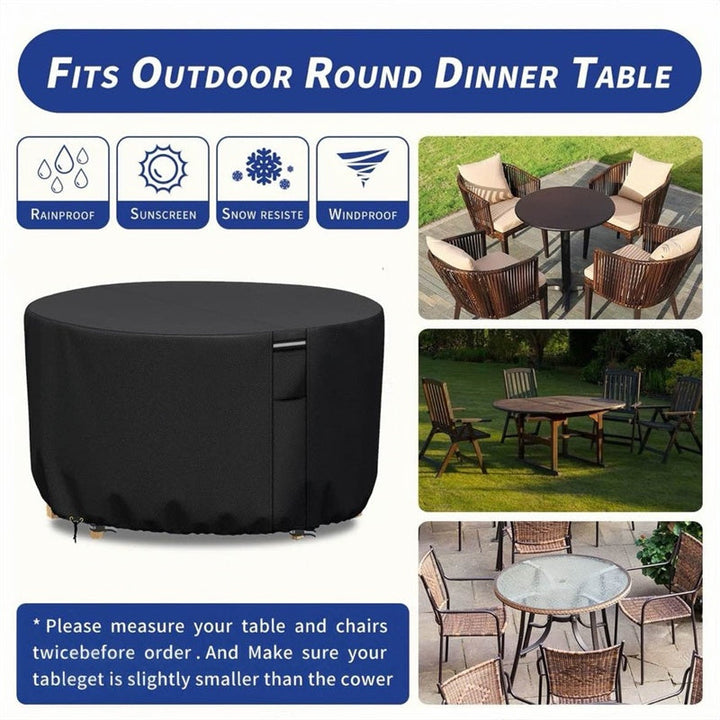 Heavy-duty round outdoor furniture cover with air vent, waterproof oxford cloth for patio protection.