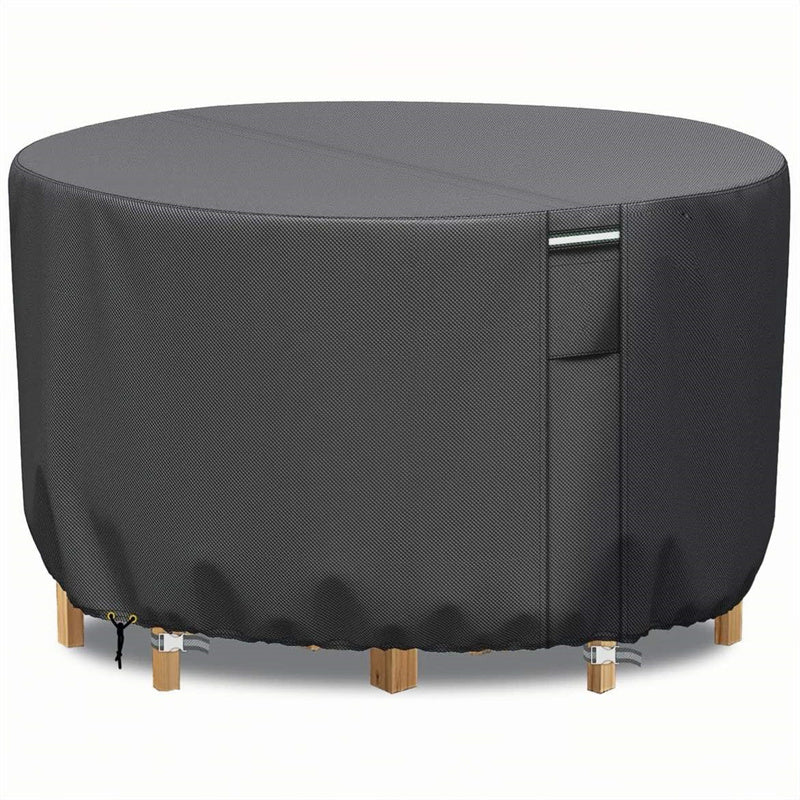Oxford cloth heavy-duty round outdoor furniture cover, waterproof and UV-resistant, with air vent for patio sets.
