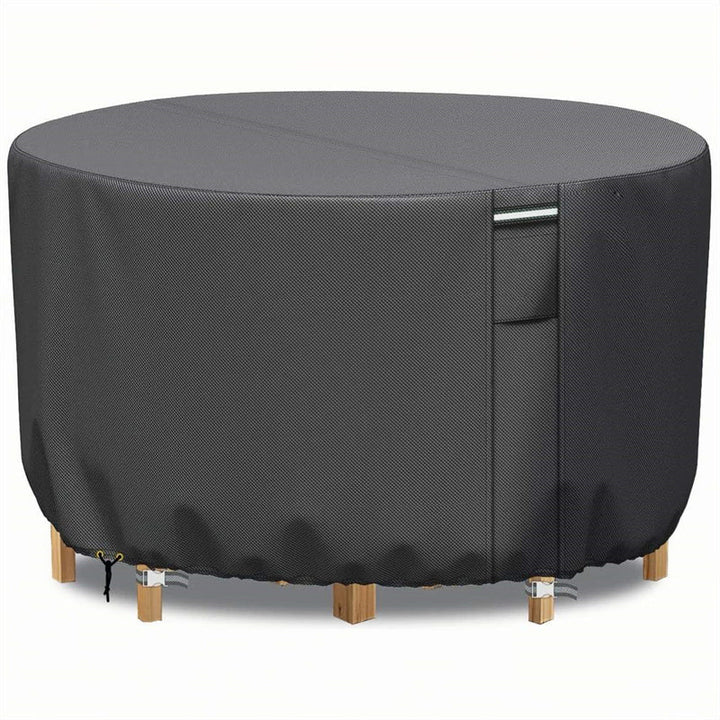 Oxford cloth heavy-duty round outdoor furniture cover, waterproof and UV-resistant, with air vent for patio sets.