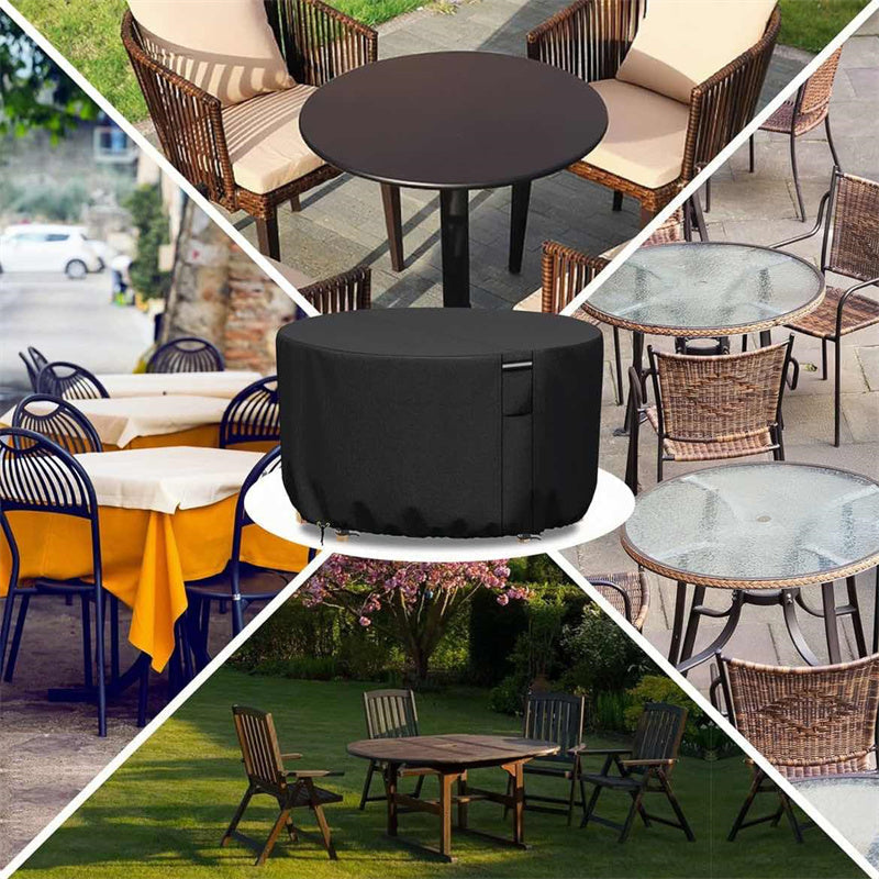 All-season heavy-duty round outdoor furniture cover, waterproof oxford cloth with air vent for patio weather protection.