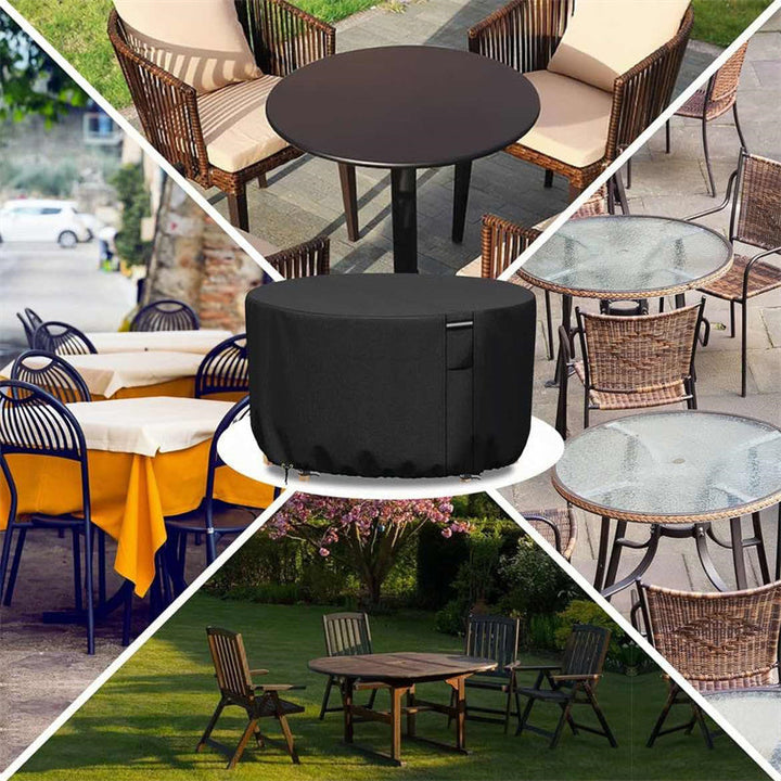 All-season heavy-duty round outdoor furniture cover, waterproof oxford cloth with air vent for patio weather protection.