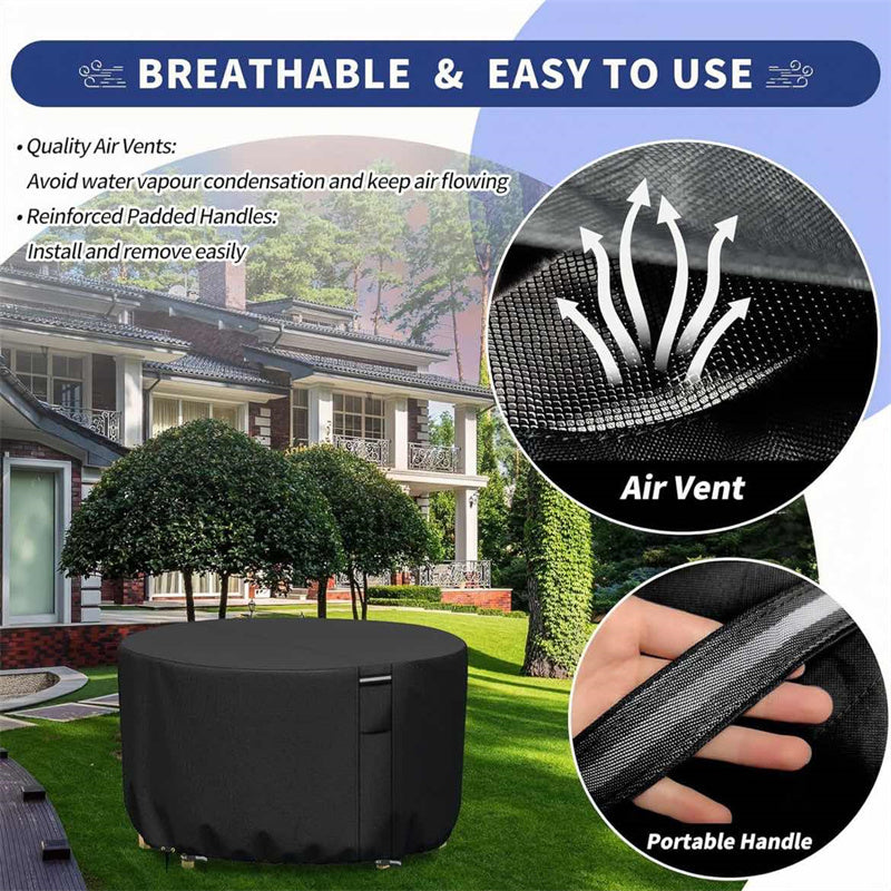 Round outdoor table and chair cover, heavy-duty waterproof design with air vent for breathability and protection.