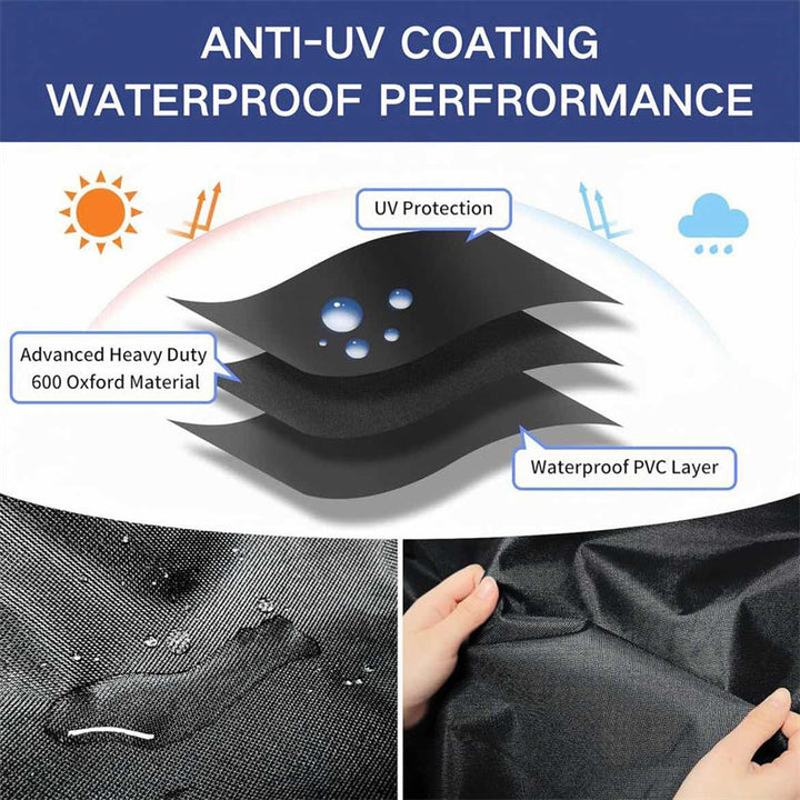 Heavy-duty round outdoor patio furniture cover made of waterproof oxford cloth, features air vent for ventilation.