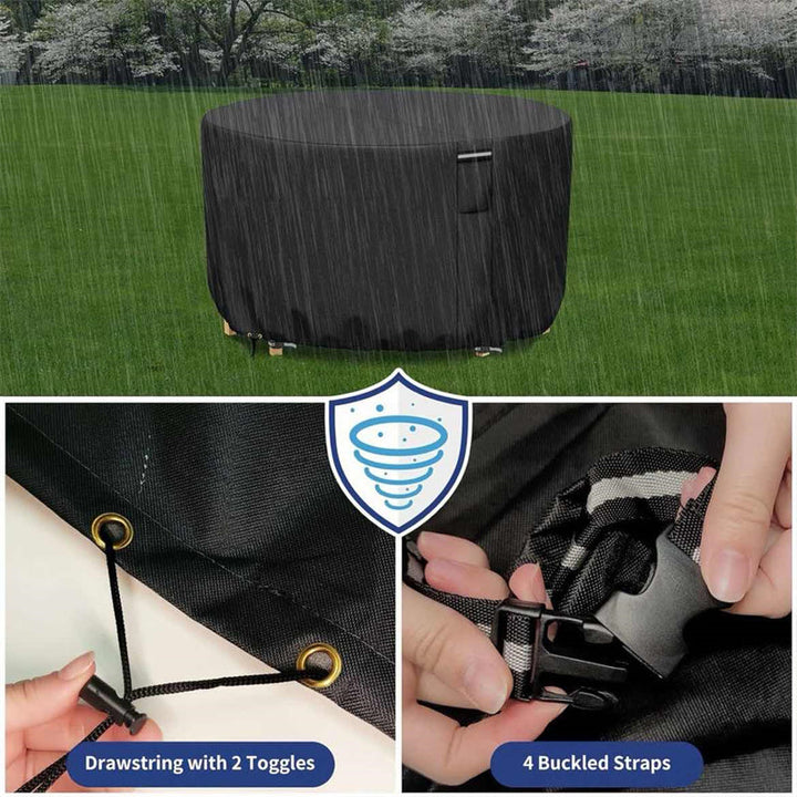 Round outdoor furniture cover, heavy-duty, waterproof oxford cloth patio cover with air vent for garden protection.