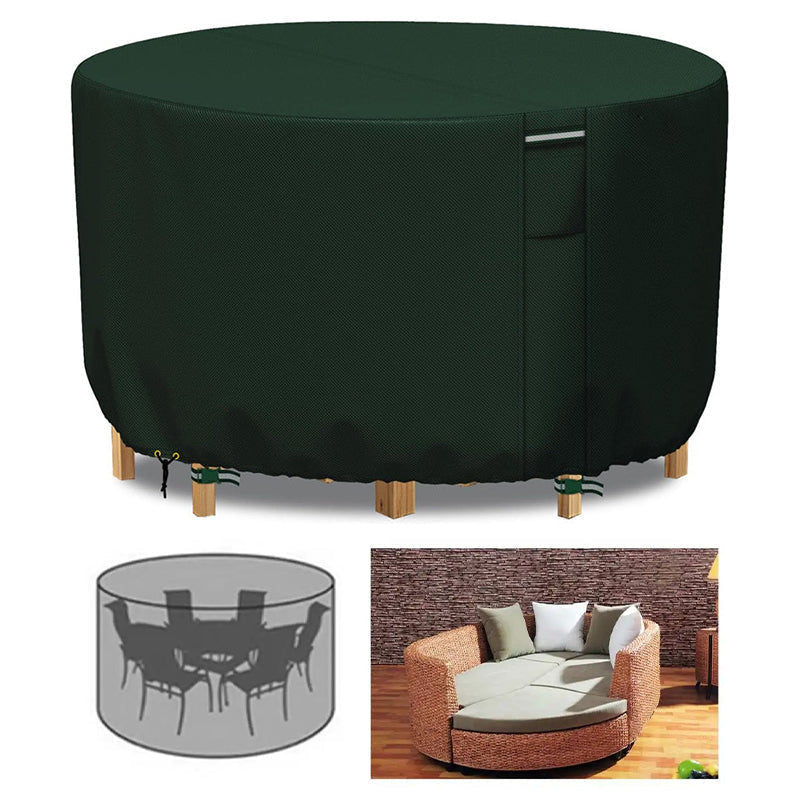 Round heavy-duty outdoor furniture cover featuring an air vent, waterproof oxford fabric for ultimate patio protection.