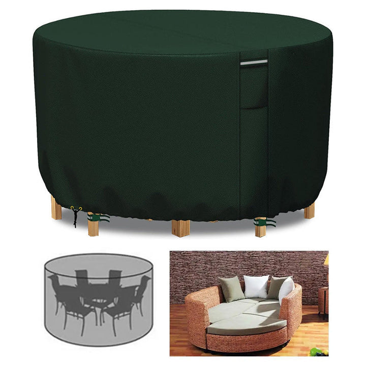 Round heavy-duty outdoor furniture cover featuring an air vent, waterproof oxford fabric for ultimate patio protection.