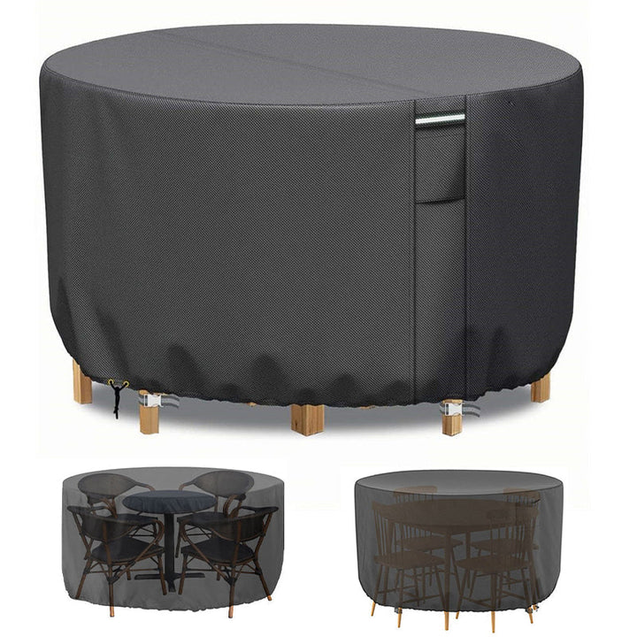 Heavy-duty round outdoor furniture cover. Waterproof, durable oxford cloth patio protection with air vent.