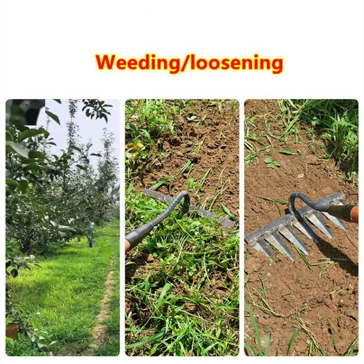 Strong steel garden rake, an essential tool for all your tough garden weeding needs.