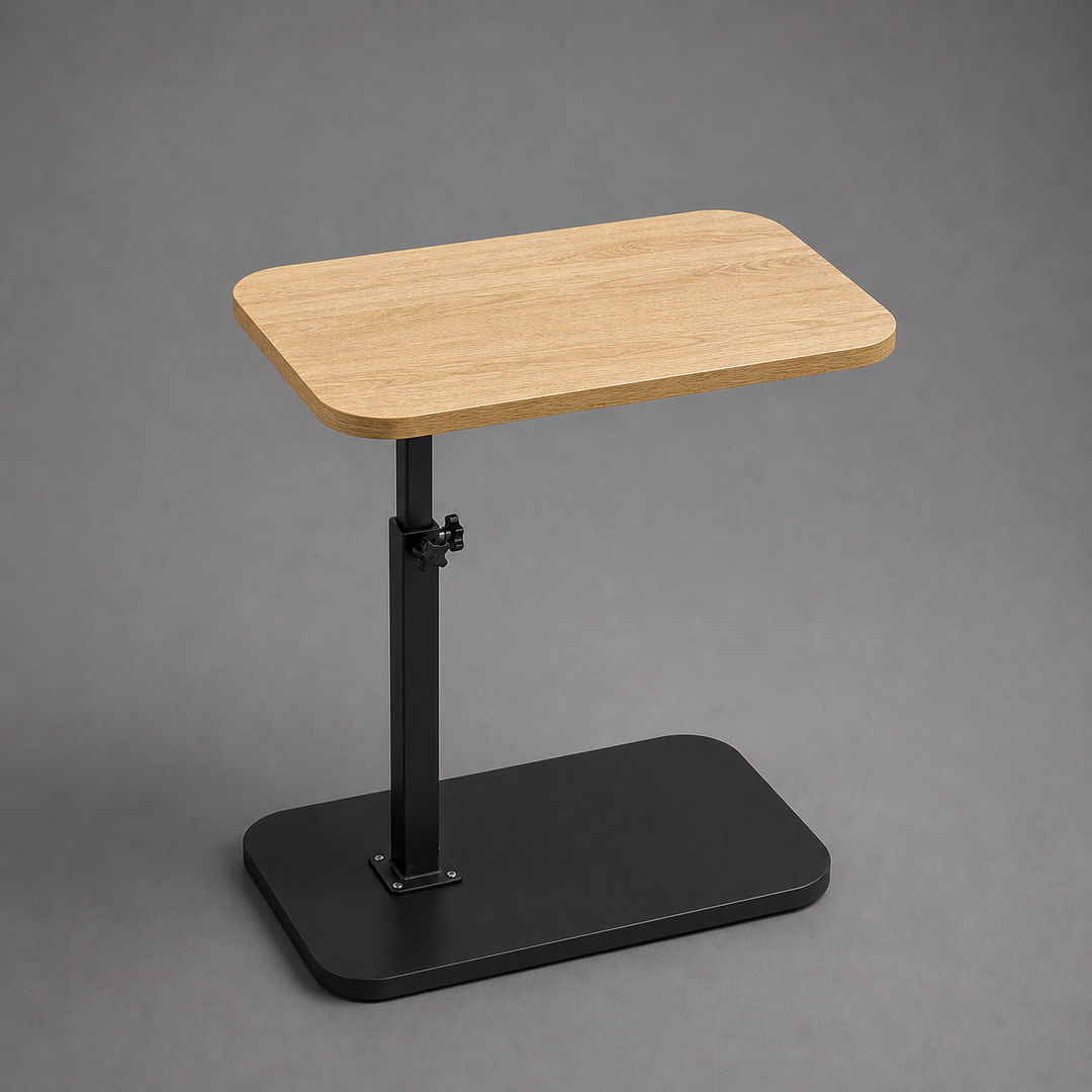 Height adjustable side table for living room. Modern wood and metal end table, versatile for any home decor.