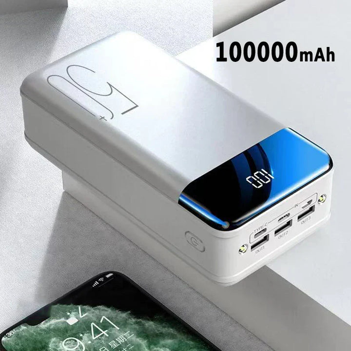 Sleek USB-C fast charging power bank. High capacity travel charger for emergency phone & tablet power.