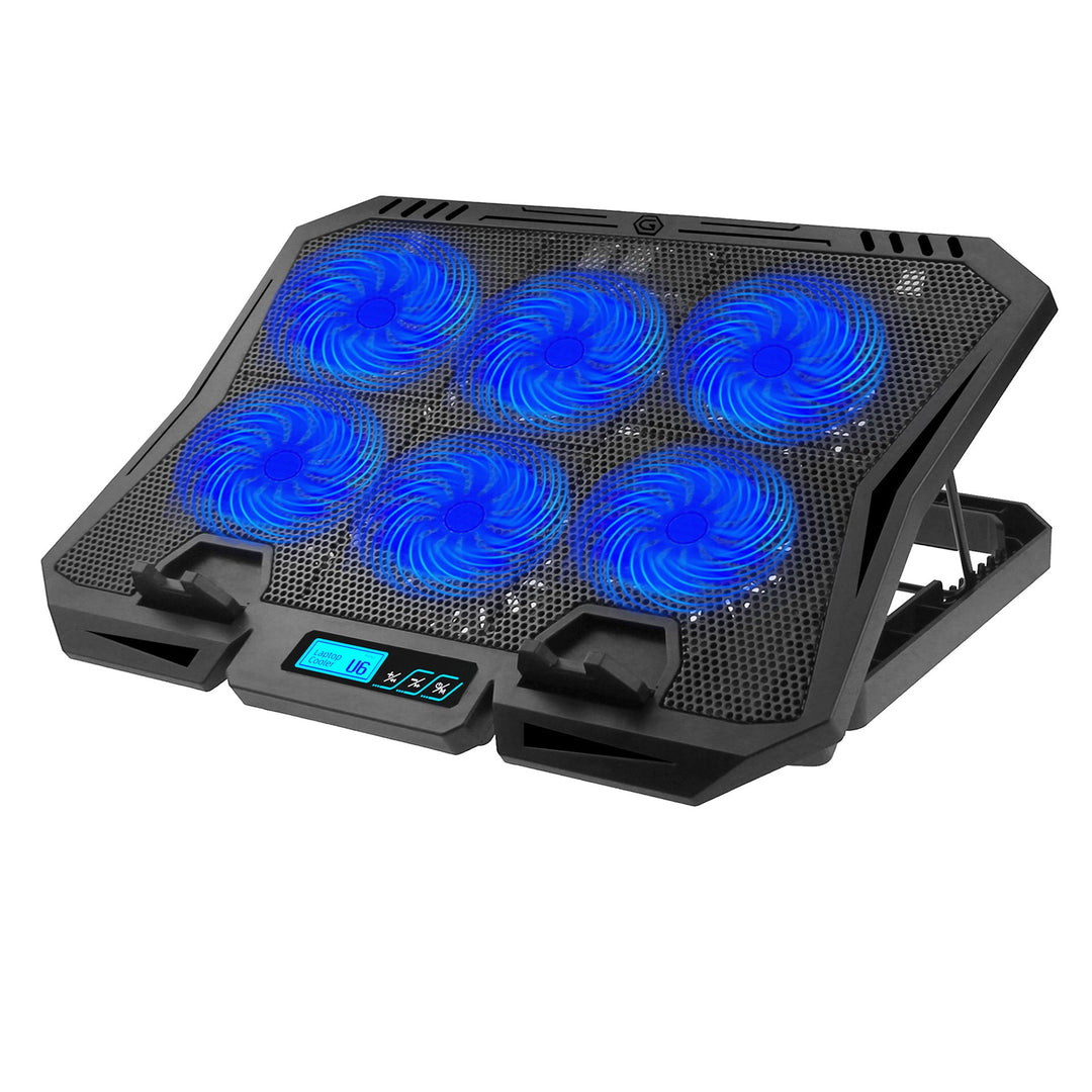 High-performance laptop cooling pad with adjustable fans, digital display, and ergonomic stand for gaming & work.