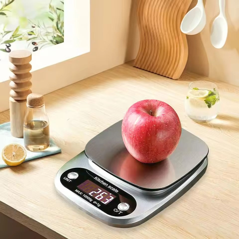 Home chef using a digital kitchen scale to weigh ingredients for baking, ensuring accurate recipes.