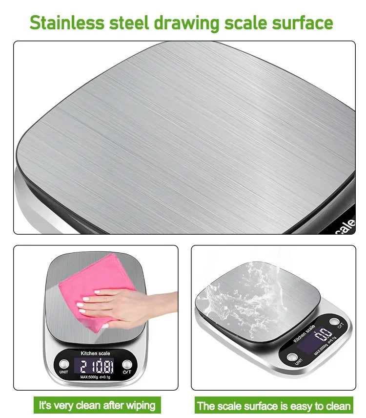 Accurate digital food scale with a wide weighing platform, perfect for home chefs' culinary needs.