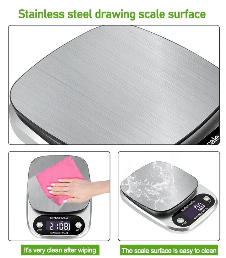 Accurate digital food scale with a wide weighing platform, perfect for home chefs' culinary needs.