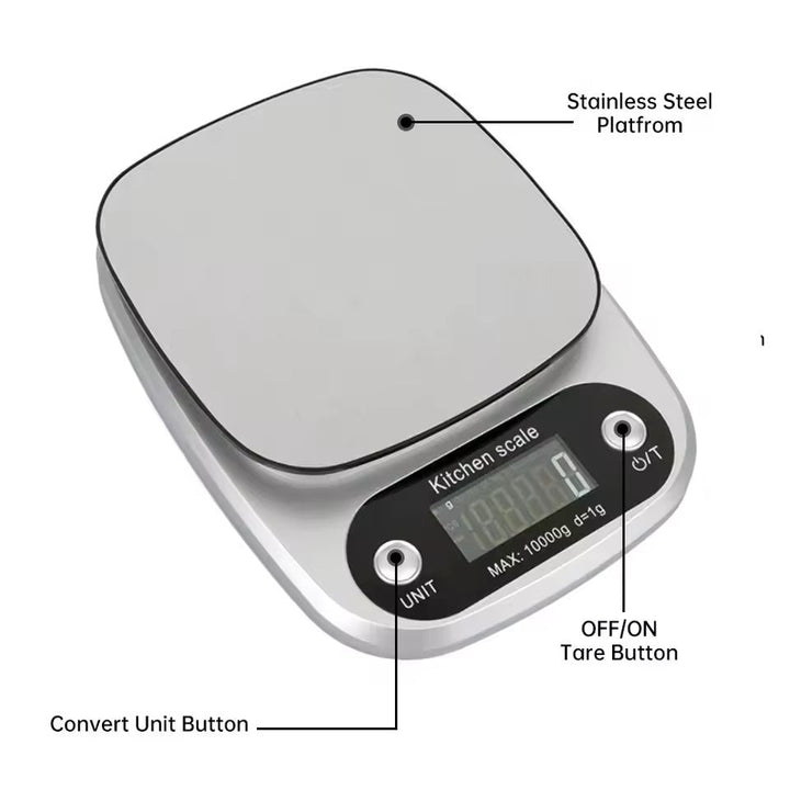 Modern digital kitchen scale with a stainless steel platform and intuitive buttons for accurate weighing.