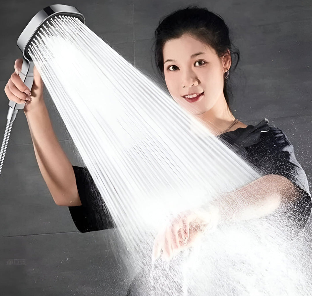 High-pressure shower head with turbo boost & water filter for healthier skin & hair, easy to install in any bathroom.