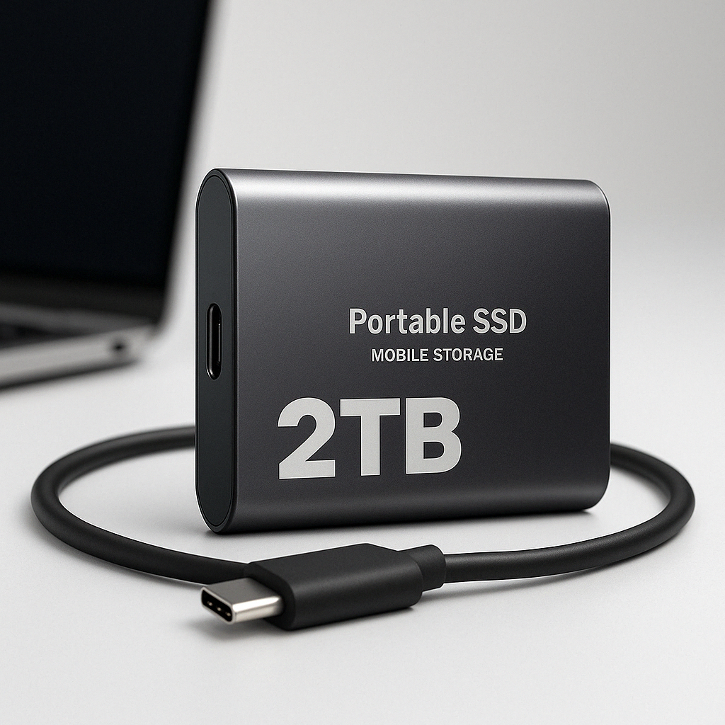 High-speed 2TB external SSD with USB-C for portable data transfer & backup drive. Solid state computer storage accessory.