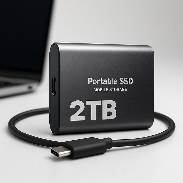 High-speed 2TB external SSD with USB-C for portable storage and fast data transfer, a compact tech gadget.