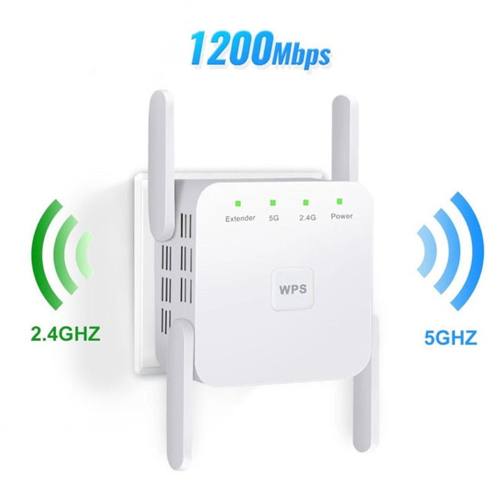 Dual band 5G & 2.4G WiFi extender. Boost internet signal, eliminate dead zones, and get high-speed home network.