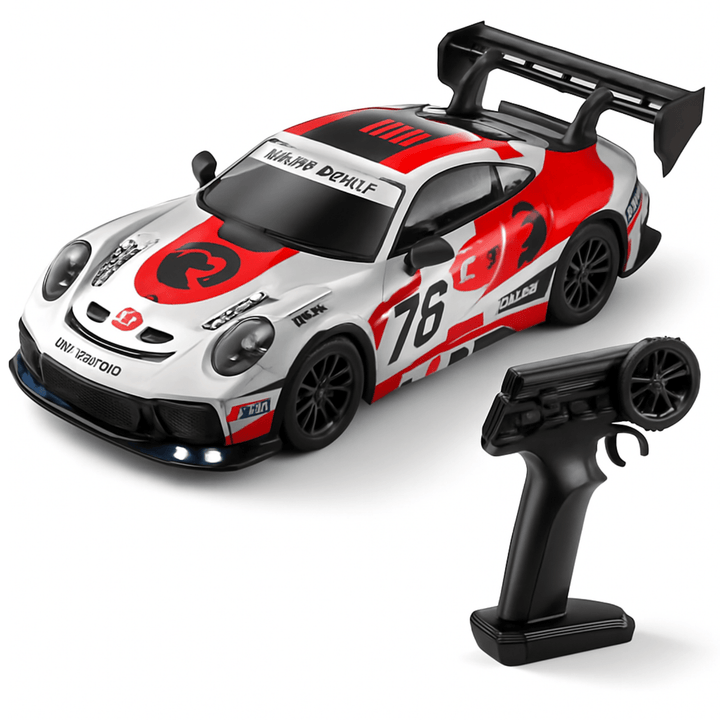 High-speed RC drift car with LED headlights, ideal for indoor & outdoor racing. Durable remote control toy.