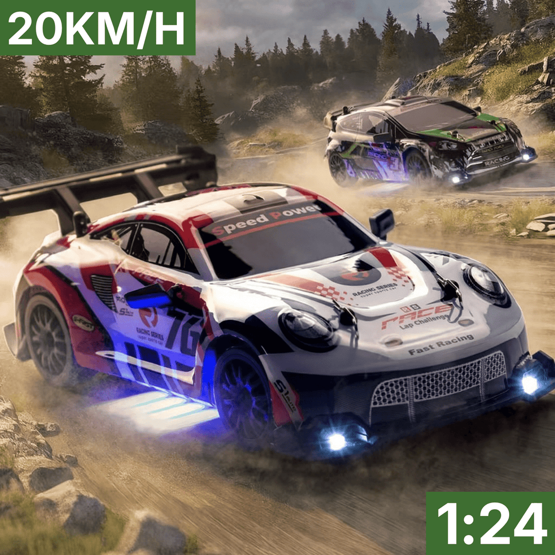 Red high-speed RC drift car showcasing interchangeable tires for versatile indoor/outdoor racing fun.