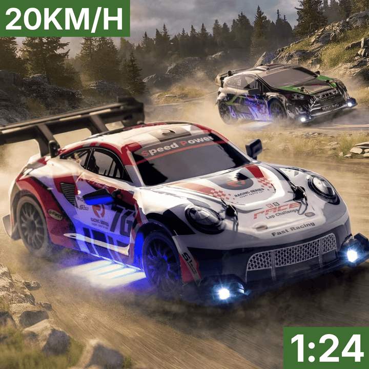 Red high-speed RC drift car showcasing interchangeable tires for versatile indoor/outdoor racing fun.