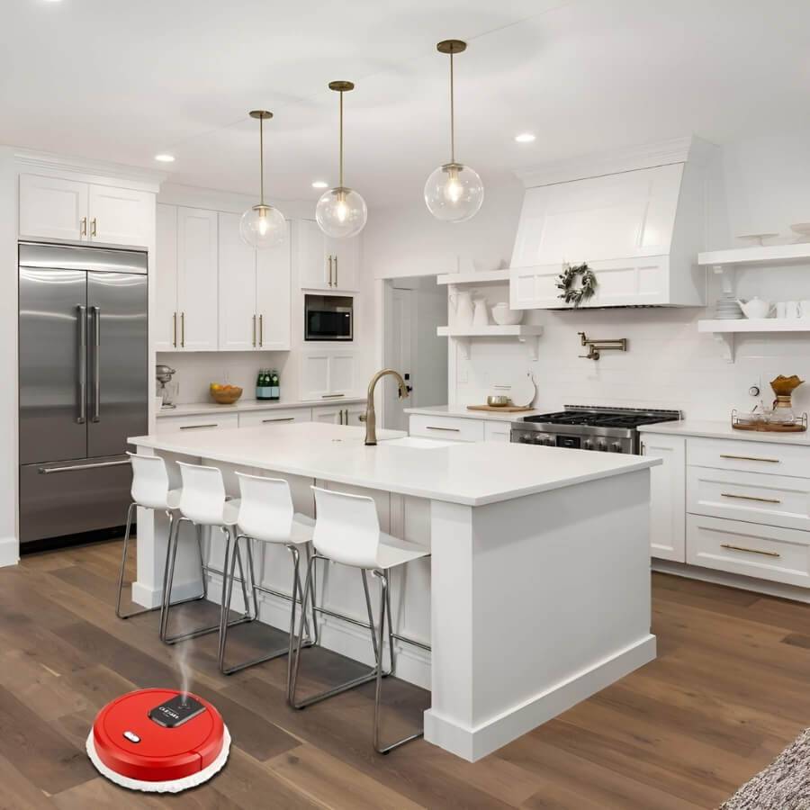 Home's Smart Robotic Floor Mop cleaning gleaming tile floors. An essential home appliance for effortless floor cleaning.