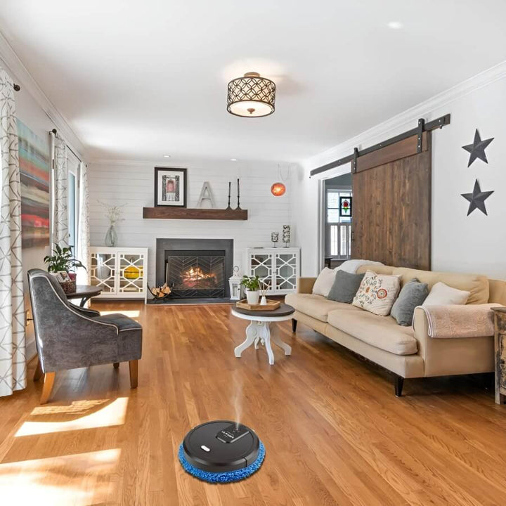 Automatic Home's Smart Robotic Floor Mop gliding across polished wood floors. Modern cleaning tech for a pristine home.