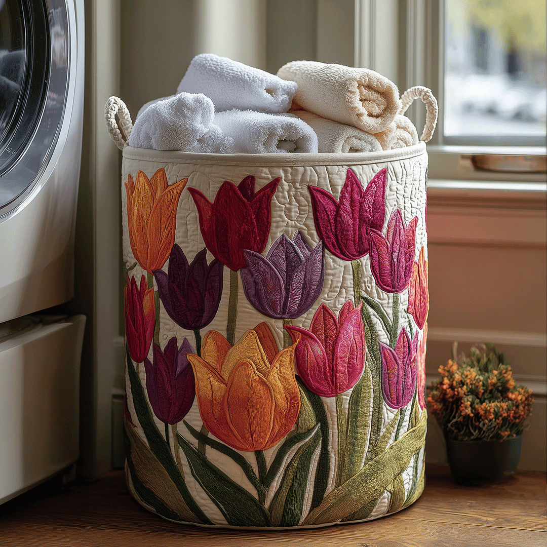 Home Tulip Joy Quilted Laundry Basket; a foldable fabric storage bin with a vibrant tulip pattern, perfect for home decor & organization.