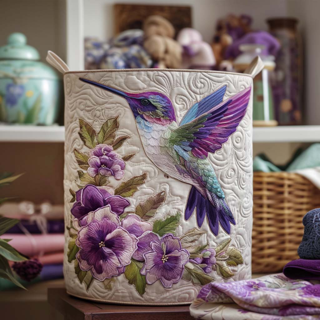 Hummingbird floral quilted laundry basket for home storage, a decorative collapsible hamper perfect for bedroom organization.