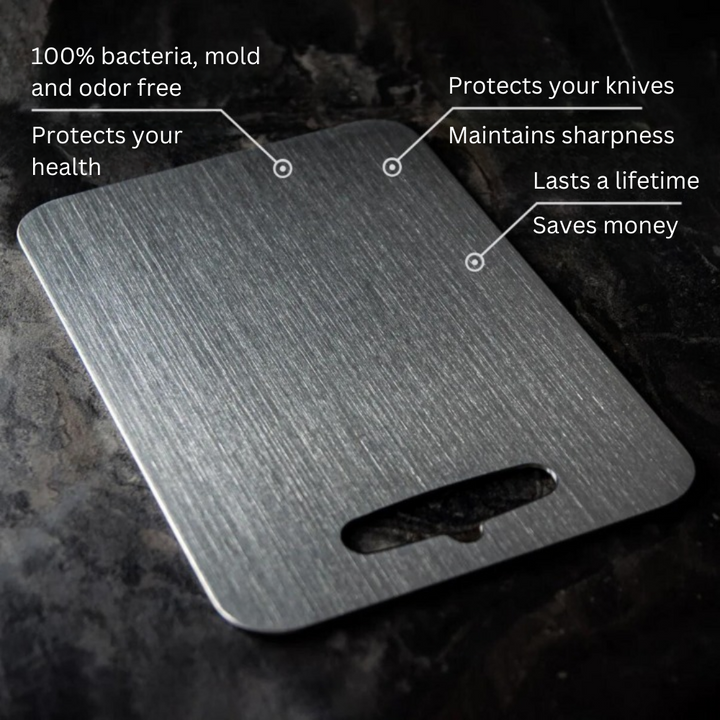 Dishwasher-safe titanium cutting board for easy cleanup & hygienic kitchen food preparation.