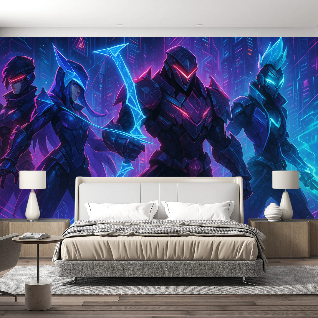 Immersive Cyberpunk Gamer Wall Mural, peel & stick, featuring neon futuristic city for a gaming room aesthetic wall decor.