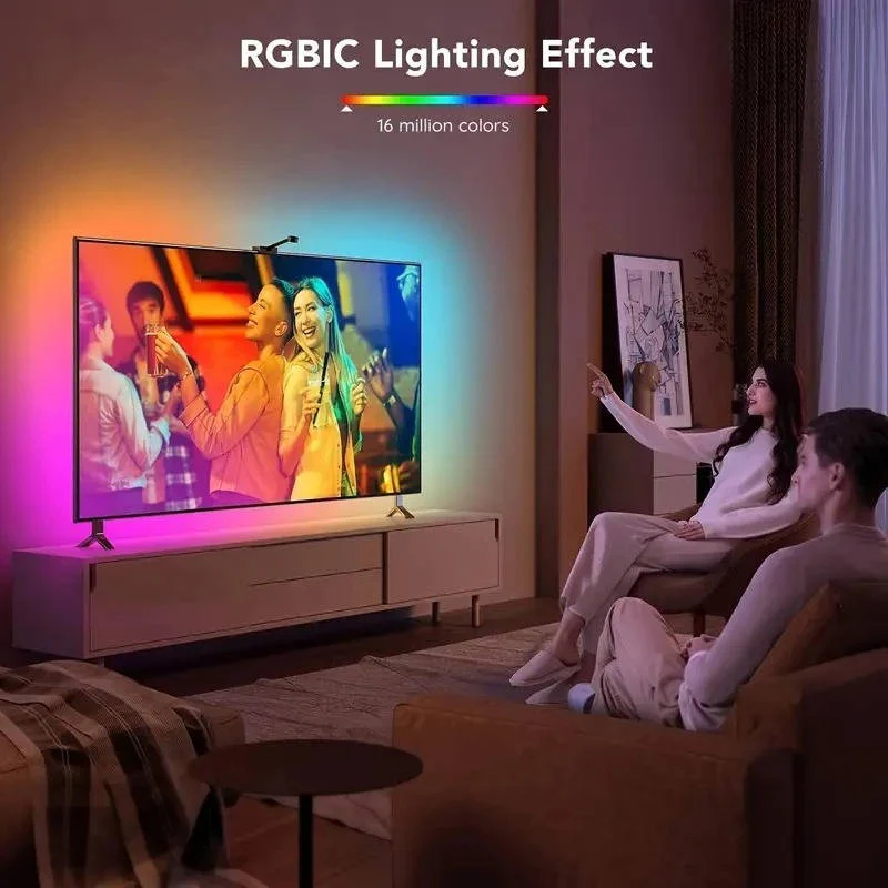 RGBIC LED TV backlight strip for vibrant, synced screen colors and immersive gaming experience.