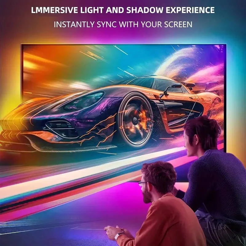 Vivid RGBIC TV backlight LED strip dynamically syncing with screen content for gaming and movies.