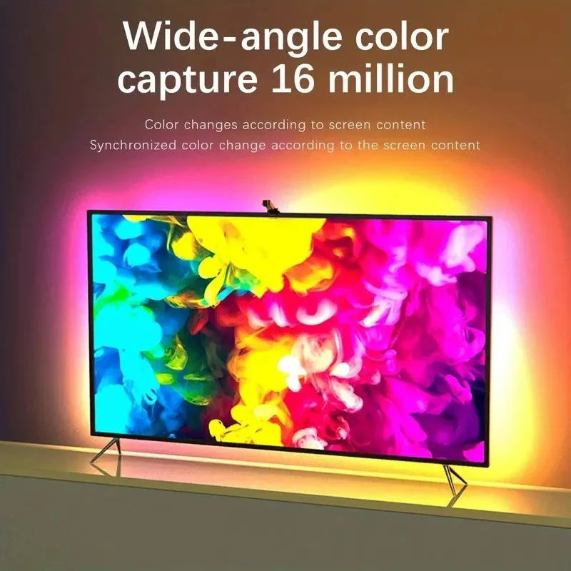 Gaming setup with responsive LED strip TV backlight, providing dynamic RGBIC lighting synced to action.