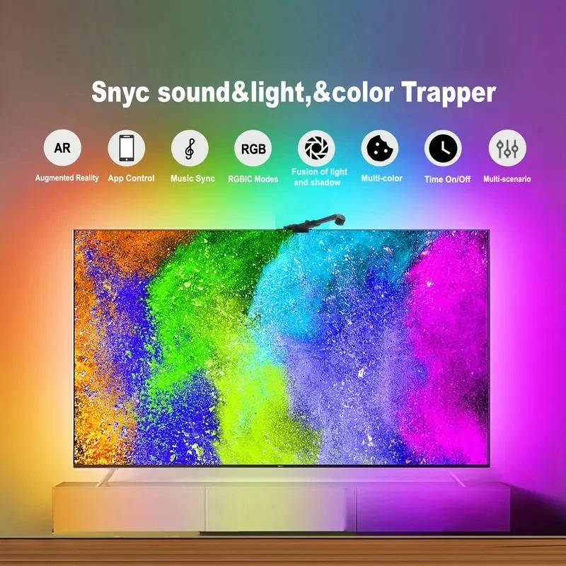 Flexible LED strip TV backlight with screen sync camera, delivering vibrant ambient lighting for any screen.